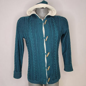 LL Bean Cardigan Womens Wool Blend Cable Knit Sweater Loop Closure Green Medium